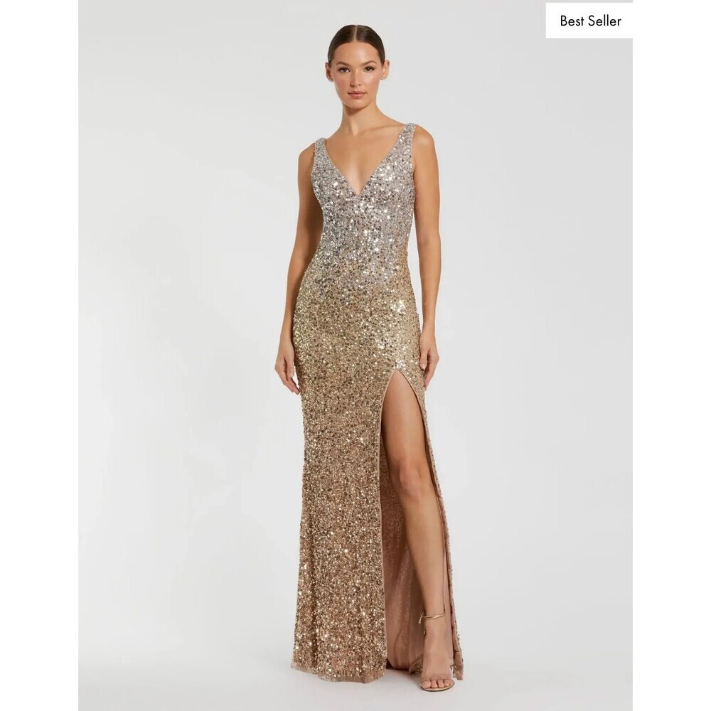 Mac Duggal Gold Sequined Sleeveless V Neck Side Slit Gown Size 6 Short
